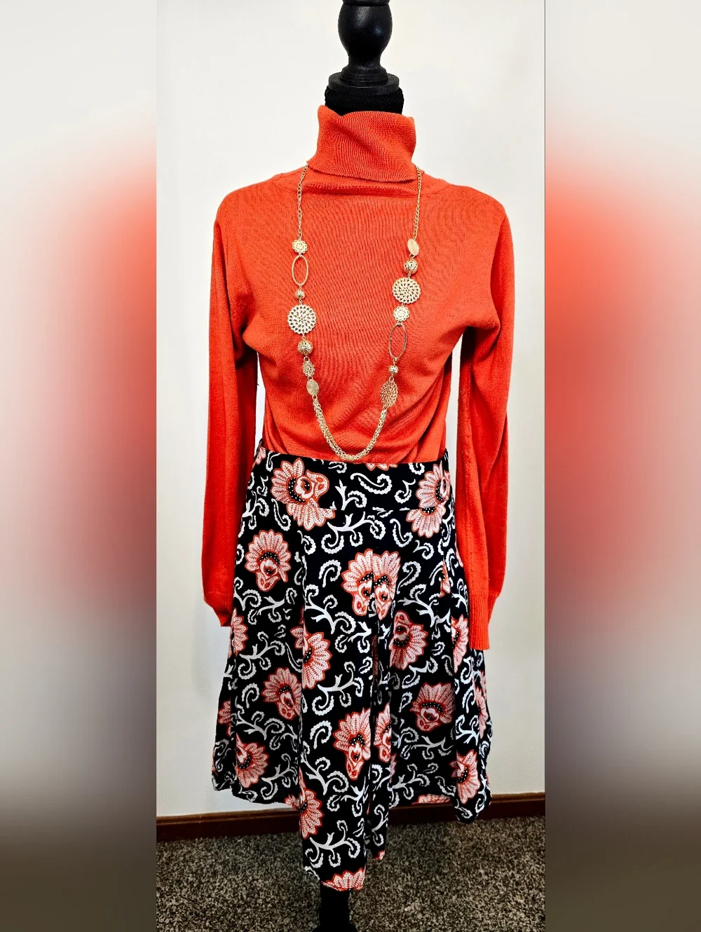 Talbots Floral A-Line Skirt Navy Orange White Cotton Preppy Feminine Midi Flowy